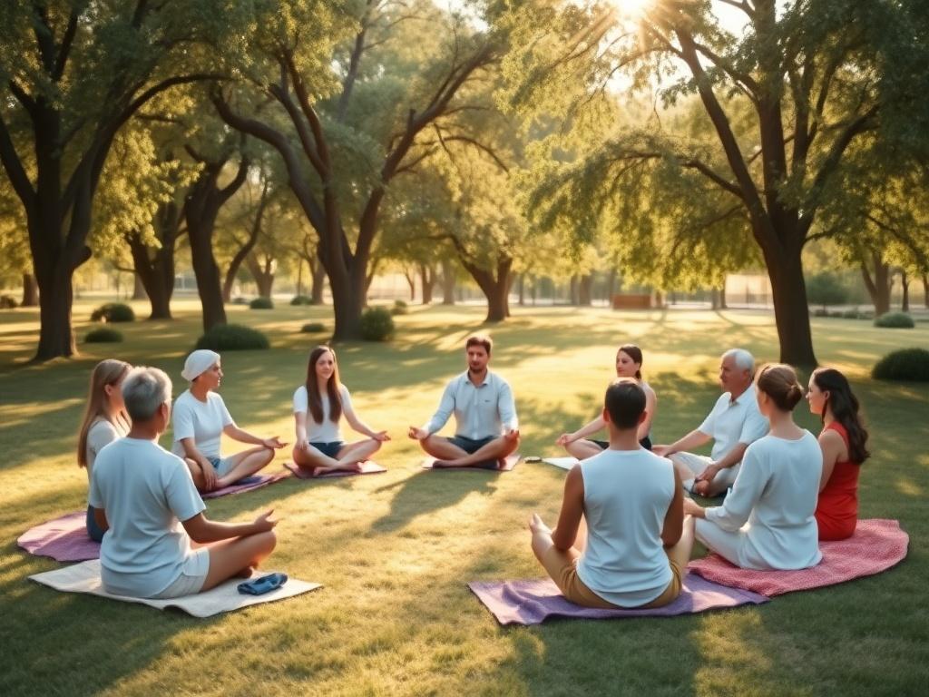 A tranquil meditation session with participants seated in a circle