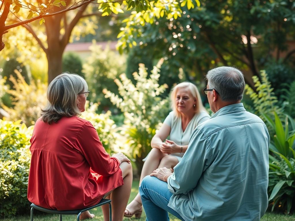 A group therapy session taking place outdoors in a garden,