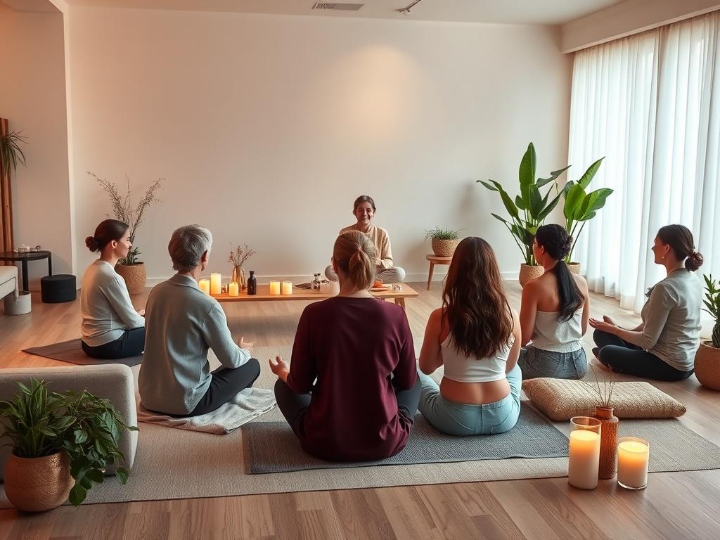 A peaceful indoor space designed for mindfulness practice, featuring soft lighting and comfortable seating. The setting showcases a diverse group of individuals engaged in a mindfulness session, sitting in a circle, with a calm instructor leading the practice. Elements like candles and plants add to the serene ambiance, creating a welcoming environment for relaxation and focus.