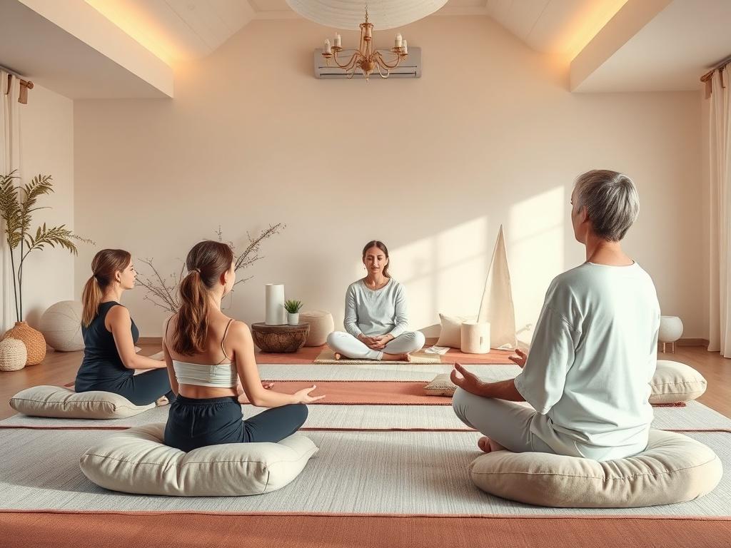 An inviting space for guided meditation, featuring soft cushions and a calming atmosphere. A small group of participants is seated comfortably, with their eyes closed, as a skilled instructor leads them through a meditation. The room is decorated with soothing colors and natural elements, enhancing the tranquility of the experience.