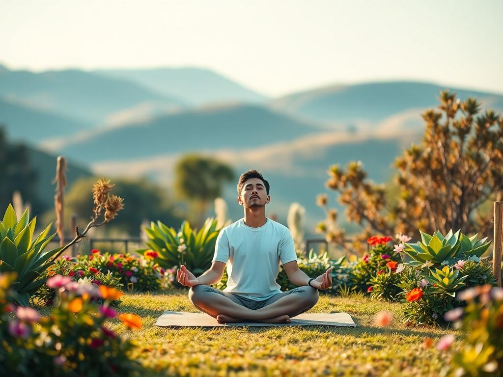 A serene meditation setting in nature, featuring a tranquil garden with soft, warm lighting. The focus is on a lone individual sitting cross-legged on a mat, eyes closed, in deep meditation. Surrounding them are lush green plants and colorful flowers, conveying a sense of peace and calm. The background shows gentle hills and a clear blue sky, enhancing the tranquil atmosphere.