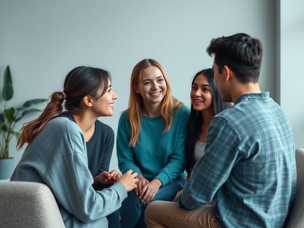 A realistic high-resolution photo of a group of young adults, around 29 years old, engaging in a supportive discussion circle in a serene, calm environment. The setting should feature soft natural lighting and soothing colors, with rich blues and soft grays in the background. The individuals should be diverse in appearance, showing warmth and connection, as they share and listen to each other's experiences. The atmosphere should evoke a sense of community and understanding, reflecting the essence of peer to