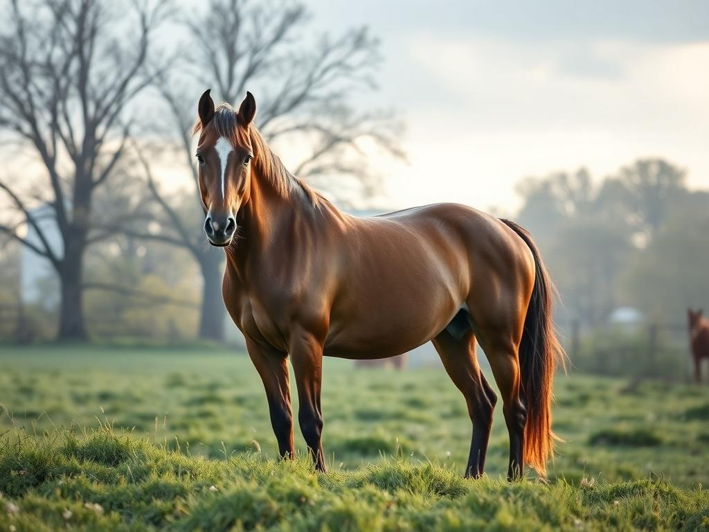 A realistic high-resolution photo of a serene horse adoption scene. The image should feature a majestic horse standing calmly in a lush green pasture, with soft sunlight filtering through trees in the background. The horse should be the main subject, showcasing its beauty and grace, with a gentle expression. The environment should evoke feelings of tranquility and hope, with cool-toned colors like rich blues and soft grays in the sky.
