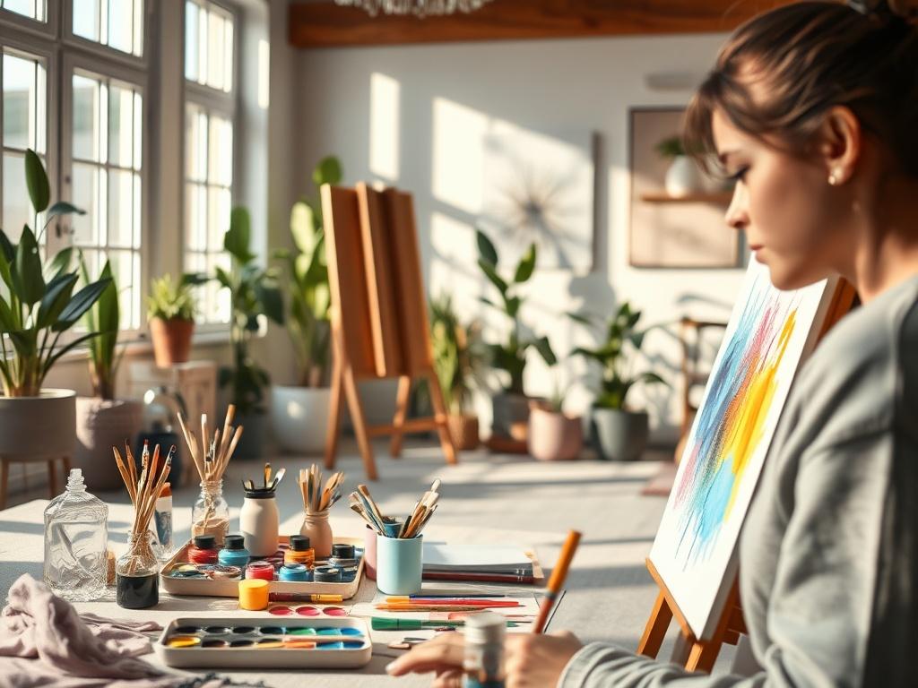 A serene art therapy session taking place in a beautifully designed room. The room features soft, natural lighting streaming through large windows, illuminating a variety of art supplies like paints, canvases, and brushes. In the foreground, a participant is deeply focused on painting on a canvas, expressing emotions through vibrant colors. The background includes potted plants and calming artwork on the walls, creating a peaceful and inspiring atmosphere for creative expression.
