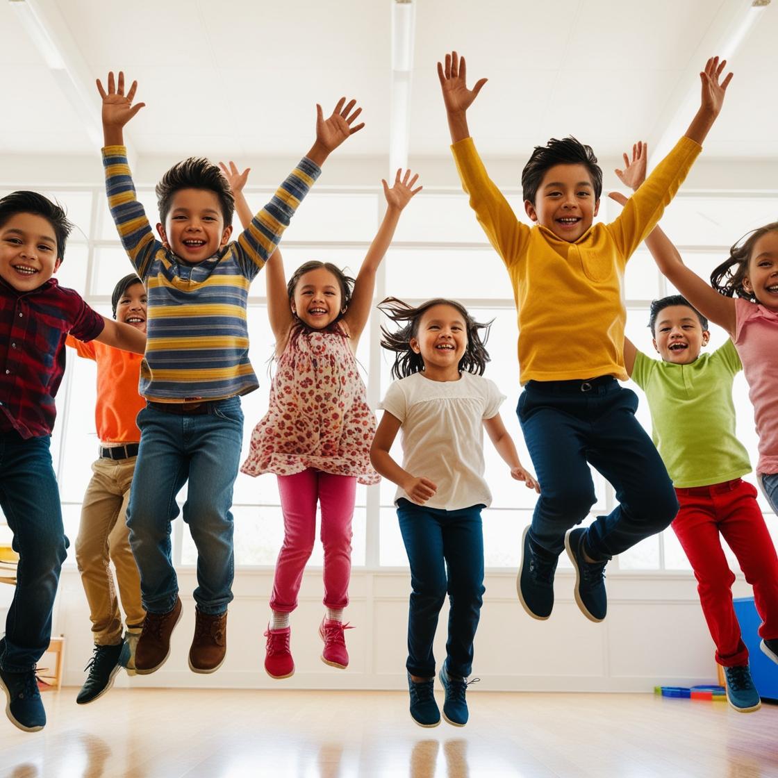 a realistic photo of a group of hispanic and caucassian young girls and boys jumping and playing in a class.jpg