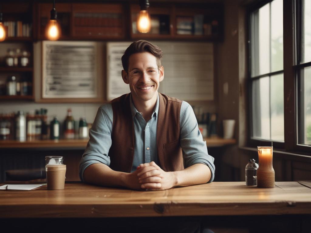 Create a realistic high-resolution photo that captures the essence of decentralized finance through the lens of the $RippleCafe project. The composition should feature a solitary subject: a person, preferably in their early thirties, confidently engaging with their laptop in a cozy, sunlit café setting. This individual should be portrayed as diverse, with a focus on their concentration and enthusiasm for exploring financial opportunities. 

The background should include warm earthy tones and rustic elements