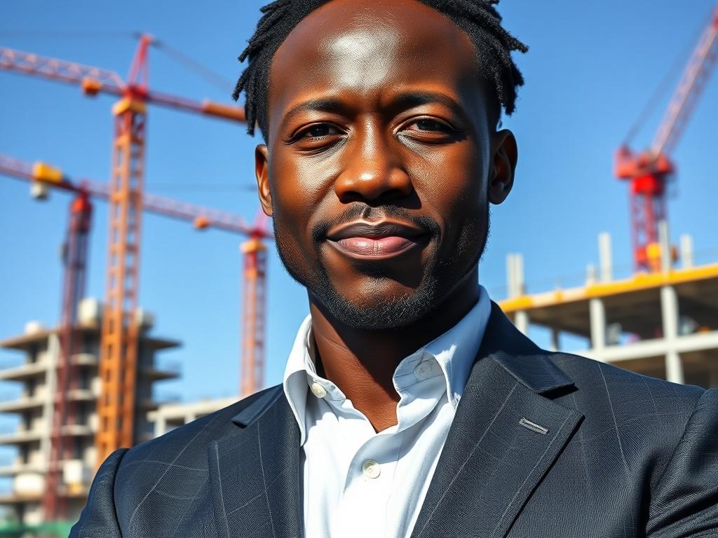 A close-up shot of a confident African entrepreneur standing in front of a modern construction site, showcasing cranes and workers in the background. The subject wears a smart business suit, exuding professionalism and vision. The background features a clear blue sky with the construction site bustling with activity, symbolizing growth and development. The image should have a hyper-realistic quality, shot with a 45mm f/1.2 lens style, capturing details and colors, particularly focusing on greens that align 