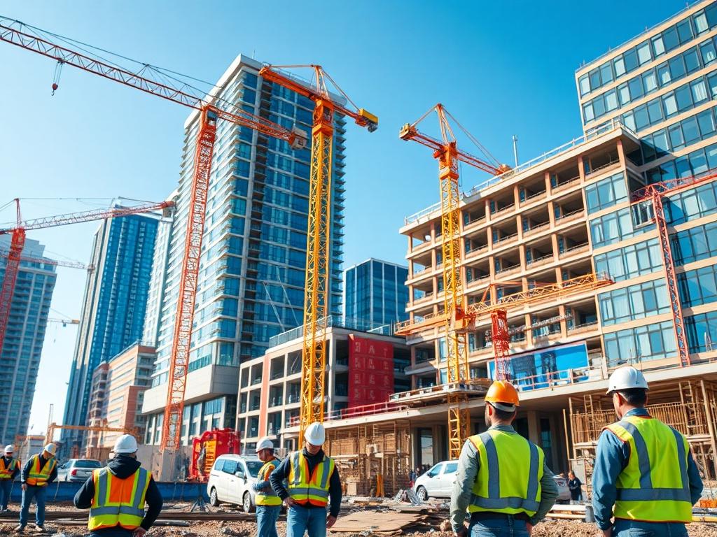 A high-resolution close-up shot of a construction site bustling with activity, showcasing workers in hard hats and safety gear, cranes lifting materials, and modern buildings in the background. The scene is vibrant, depicting the energy of development and growth, with clear blue skies above. The image is shot with a 45mm f/1.2 lens to capture the details sharply against a softly blurred background, emphasizing the focus on progress and innovation.