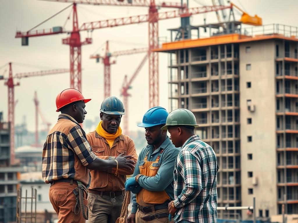 A high-resolution close-up shot of a thriving urban construction site in Africa, showcasing workers collaborating on a modern building project. The background features cranes and scaffolding, symbolizing growth and development. The image should capture the essence of teamwork and progress, focusing on the labor and craftsmanship involved in shaping the future of African cities. Shot with a 45mm f/1.2 lens for a hyper-realistic effect, with the primary color #1C6220 subtly integrated into the scene.