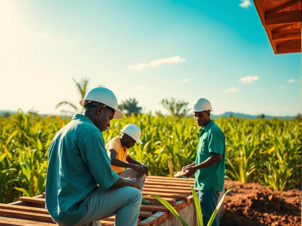 A close-up shot of a vibrant green landscape in Africa, showcasing a construction site where workers are collaborating on a sustainable building project. The focus is on the workers, highlighting teamwork and innovation. The background features lush greenery with a clear blue sky, emphasizing a sense of progress and hope. The image should be rendered in hyper-realistic style, shot with a 45mm f/1.2 lens.