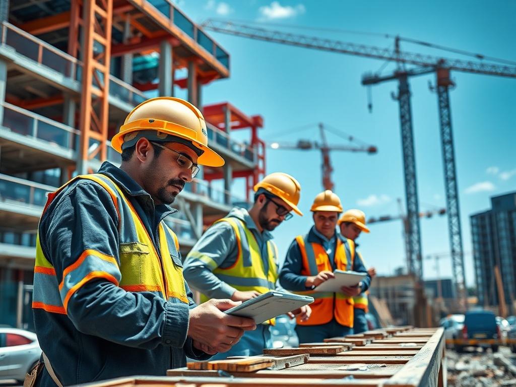 A close-up shot of a construction site showcasing innovative building techniques. The image should prominently feature skilled workers collaborating on a sustainable construction project, with cranes and modern architecture in the background. The focus should be on the teamwork and dedication of the workers, capturing the essence of progress and development. The scene should be vibrant, reflecting the energy of ongoing construction, with natural light illuminating the site.