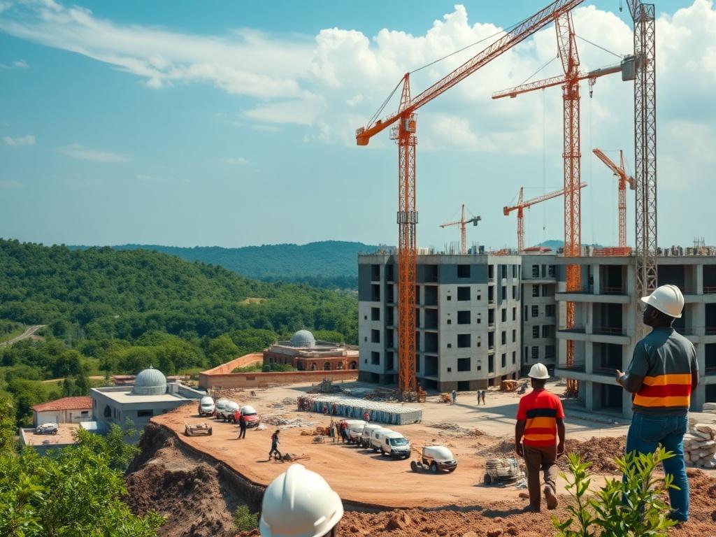 A close-up shot of an African landscape showcasing a thriving construction site with modern architecture, cranes, and workers in hard hats. The background features lush greenery and a clear blue sky, emphasizing growth and development. The image should convey a sense of progress and innovation, capturing the essence of economic transformation in Africa, presented in high resolution and vibrant colors.