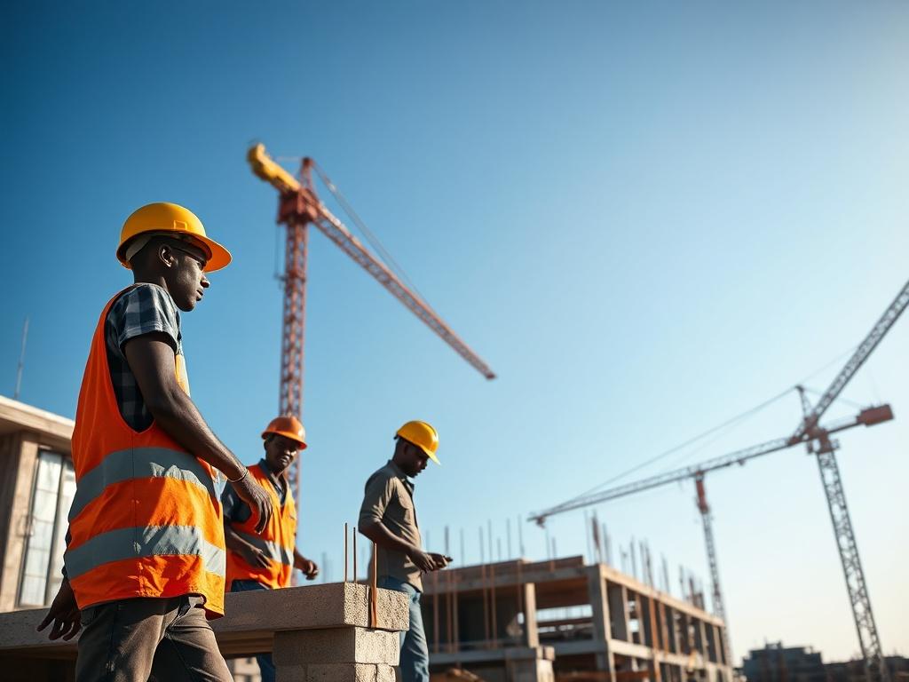 A close-up shot of a thriving construction site showcasing skilled workers actively engaged in building a modern structure. The background features a clear blue sky and cranes in action, symbolizing progress and development. The composition should highlight the teamwork and dedication of the workers, emphasizing the essence of sustainable growth in Africa. Captured with a 45mm f/1.2 lens to create a hyper-realistic effect.