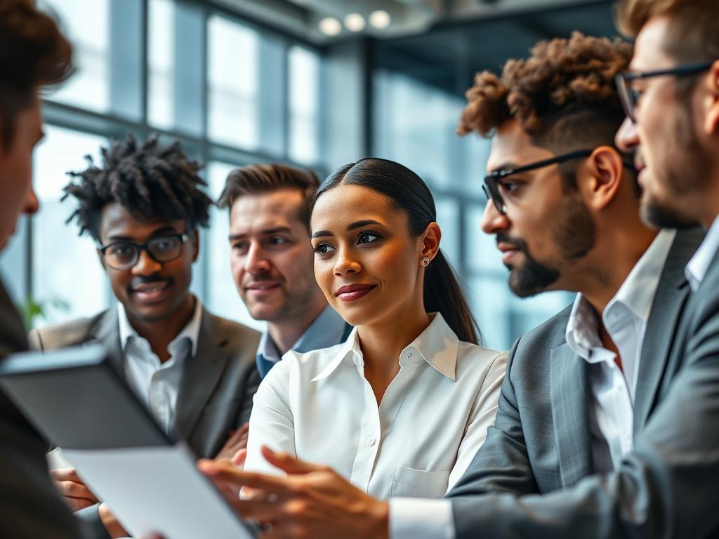 A hyper-realistic close-up shot of a diverse group of business professionals engaged in a strategic discussion in a modern office environment. The focus is on their expressions of determination and collaboration, with a sleek, contemporary backdrop that reflects innovation and growth. The image should convey a sense of leadership and progress, shot with a 45mm f/1.2 lens style, emphasizing the subjects in vibrant colors compatible with rgb(50, 170, 39).