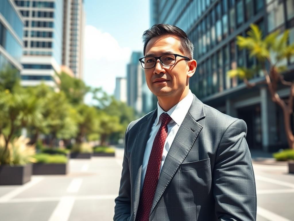 A close-up shot of a business leader in a sharp suit, standing confidently in an urban environment that represents growth and development, with modern buildings and greenery in the background. The leader has a determined expression, symbolizing ambition and progress. The lighting is bright and vibrant, emphasizing the rich greens and natural elements around, shot with a 45mm f/1.2 lens for a hyper-realistic effect.