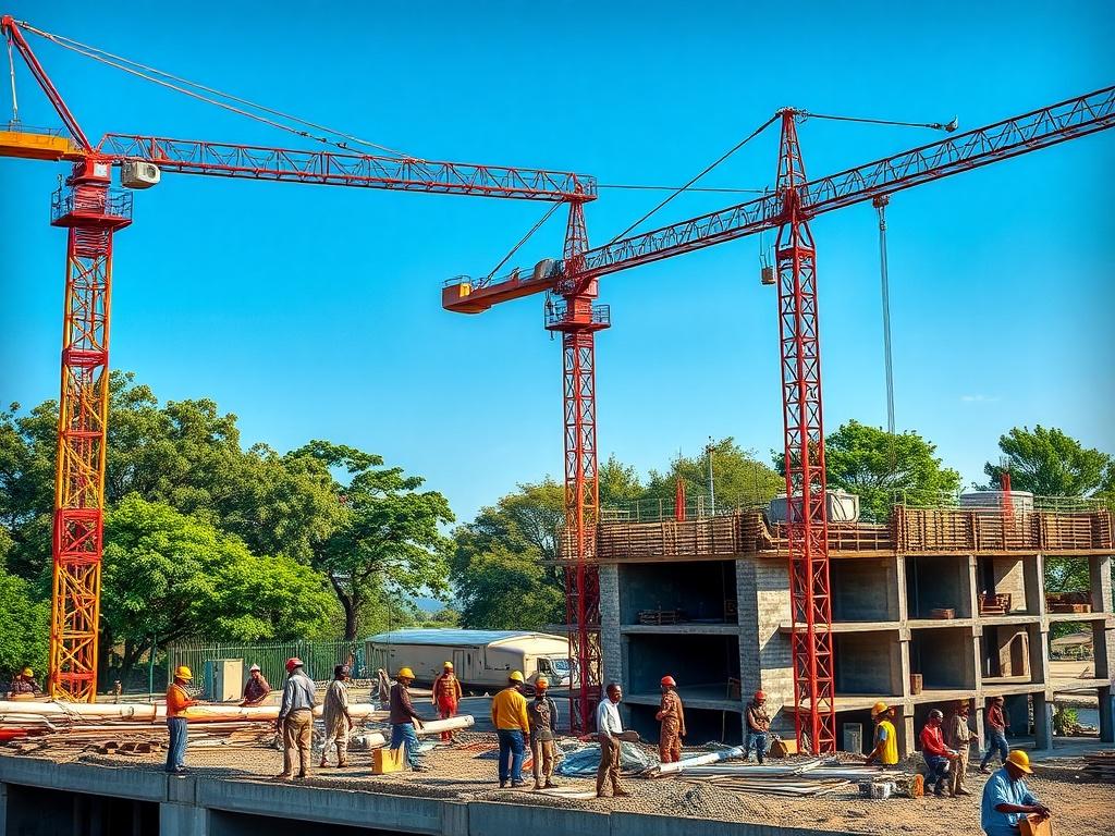A hyper-realistic close-up shot of a thriving construction site in Africa, showcasing cranes and workers collaborating on a building project. The background should include a clear blue sky and green trees, illustrating a blend of industrial progress and nature. The focus should be on the construction activities, highlighting the energy and dynamism of sustainable development.