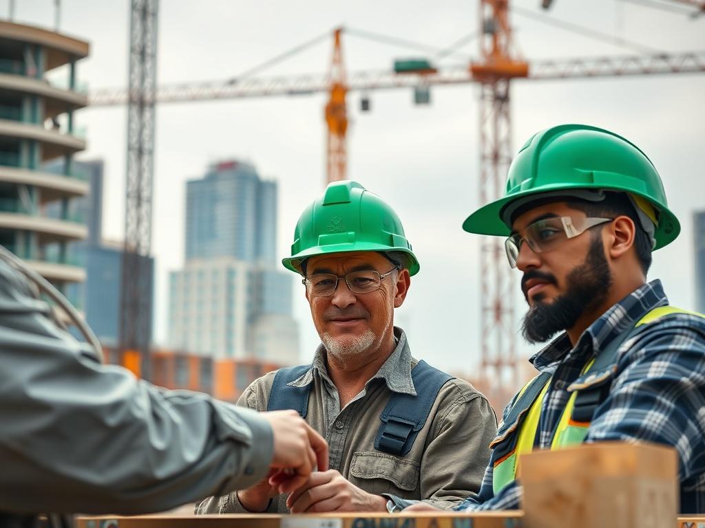 A hyper-realistic close-up shot of a construction site showing workers collaborating on a building project. The scene captures the essence of teamwork and innovation, with cranes and buildings in the background. The colors should reflect the green theme, emphasizing sustainability and growth. Focus on the workers’ expressions of determination and collaboration, shot with a 45mm f/1.2 lens.