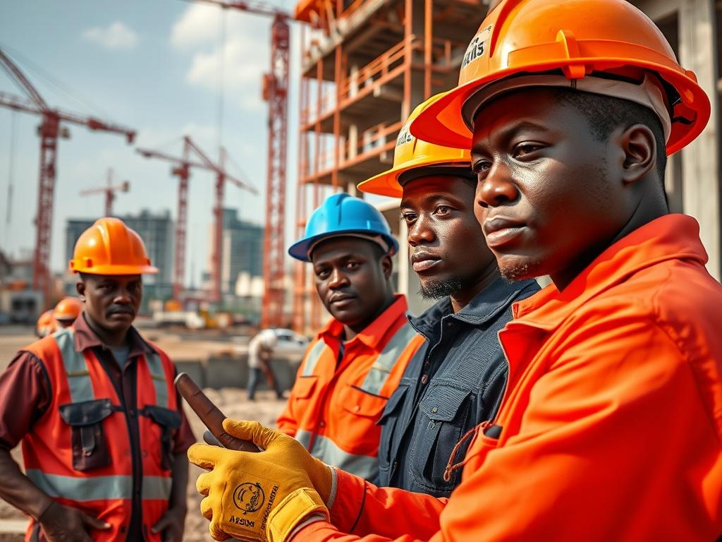 A hyper-realistic close-up shot of a thriving construction site in Africa, showcasing skilled workers collaborating on a significant building project. The background features cranes and modern architecture, reflecting progress and innovation. The image should have a clear focus on the workers' determination and teamwork, with vibrant colors that complement the primary color #1C6220.