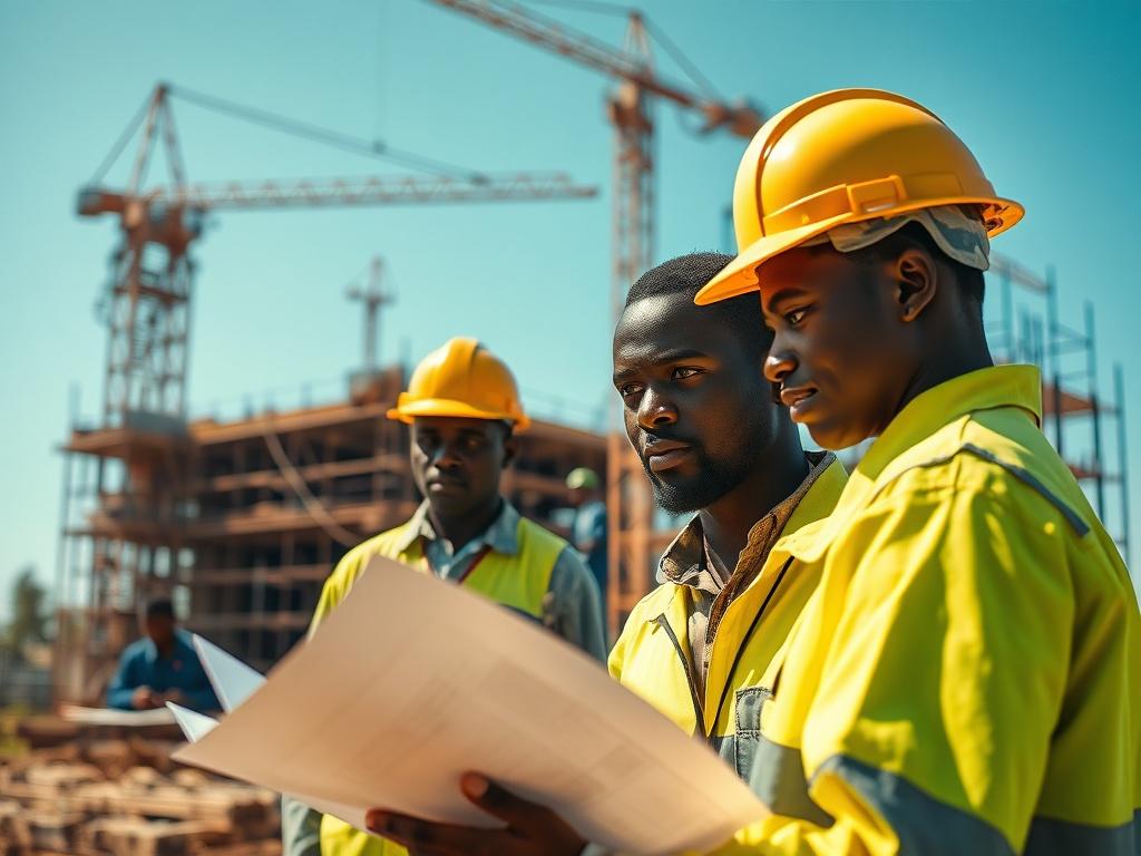 A hyper-realistic close-up shot of a construction site in Africa, showcasing workers collaborating on a sustainable building project. The foreground focuses on a worker examining blueprints, while the background features cranes and scaffolding under a clear blue sky. The vibrant green of the environment complements the primary color rgb(50, 170, 39). The image captures the essence of collaboration and progress in industrial development.