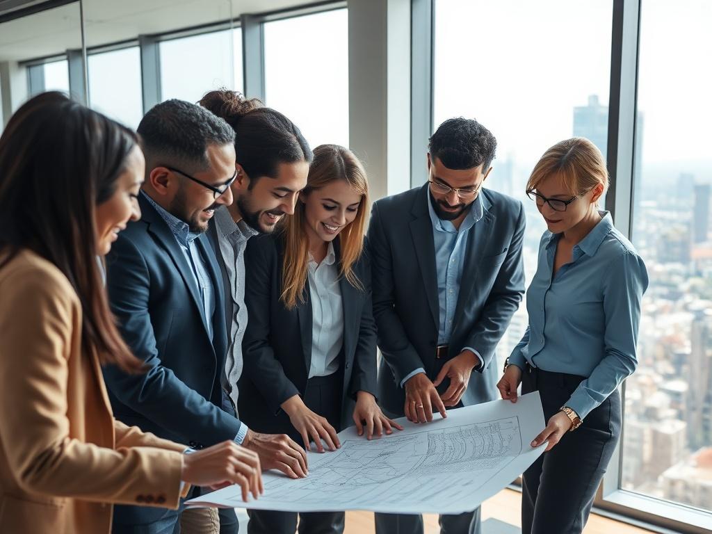 A close-up shot of a diverse team of professionals discussing plans over a blueprint in an office environment. The scene should include a large window with natural light streaming in, showcasing a view of a dynamic cityscape in the background. The focus should be on the collaboration and interaction between the team members, highlighting a sense of innovation and dedication to sustainable development.