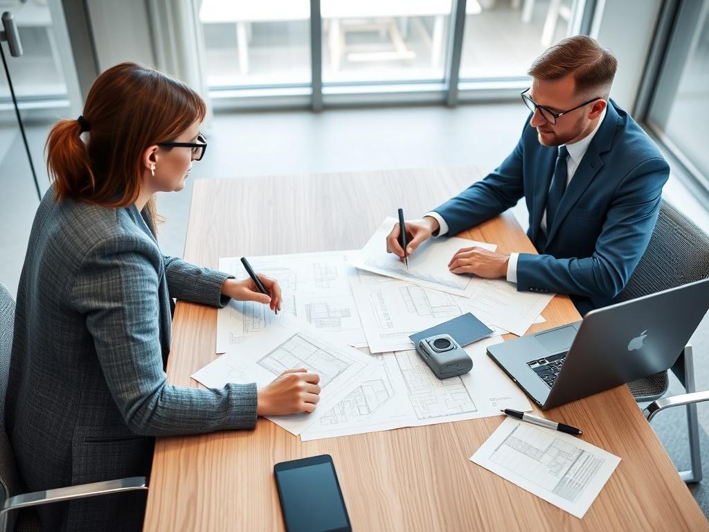 A close-up shot of a professional meeting table with two individuals discussing documents, surrounded by architectural blueprints and a laptop, shot in a bright office environment.