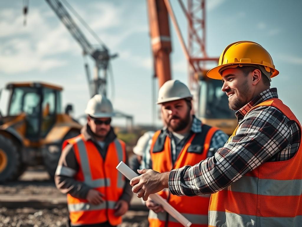A close-up shot of a construction site in action, with workers collaborating and heavy machinery in the background, highlighting teamwork and productivity.