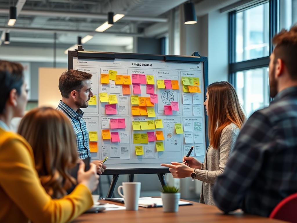 A close-up shot of a project planning board with colorful sticky notes and diagrams, surrounded by team members brainstorming ideas, in a modern office space.