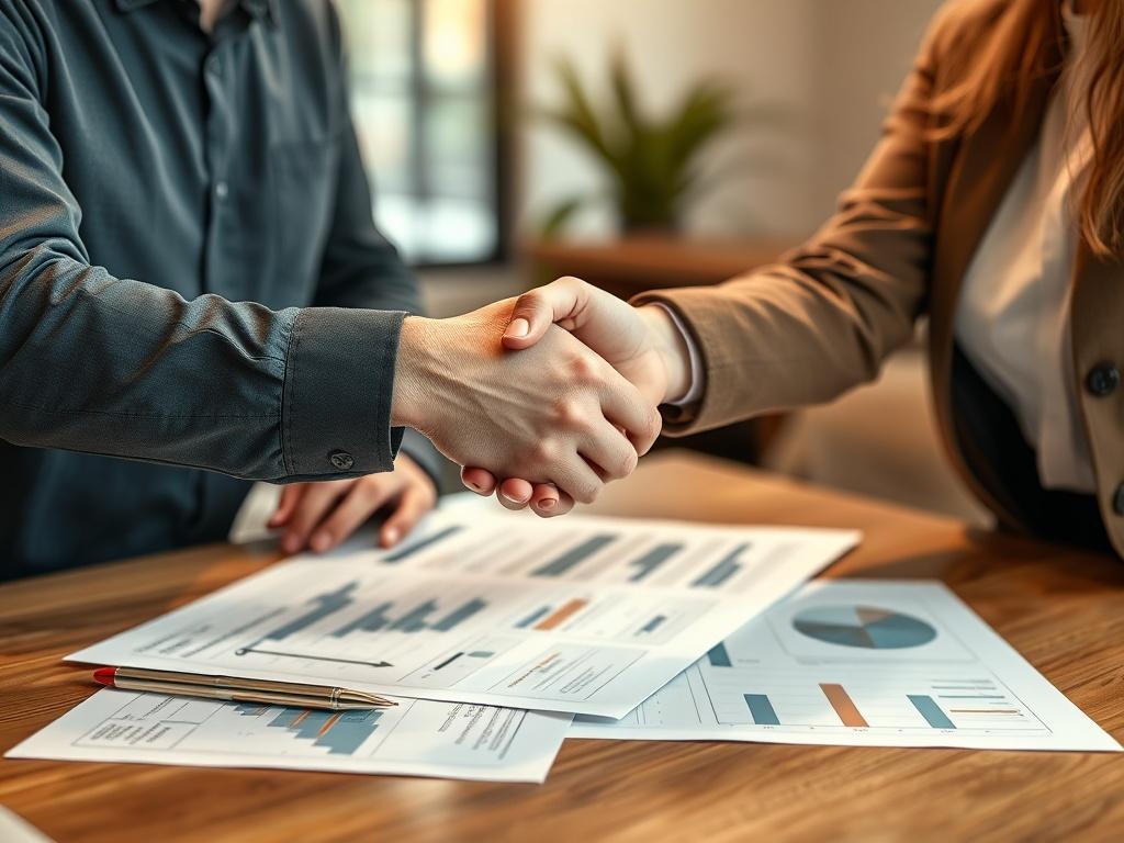 A close-up shot of a project manager and client shaking hands, with completed project plans and documents on the table, in a celebratory atmosphere.