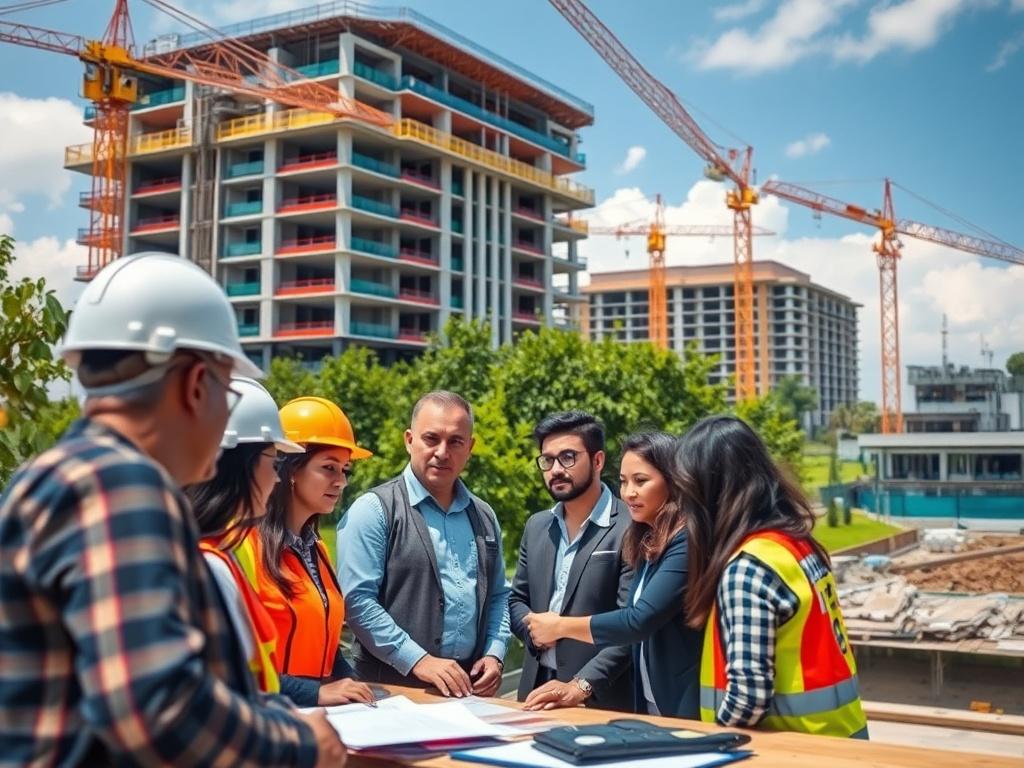A realistic high-resolution photo of a construction site bustling with activity, showcasing workers collaborating on a project. The background features cranes and modern buildings under construction, with vibrant greenery surrounding the area. The composition focuses on a diverse group of professionals engaged in discussion, with a clear blue sky overhead, captured in hyper-realistic detail.