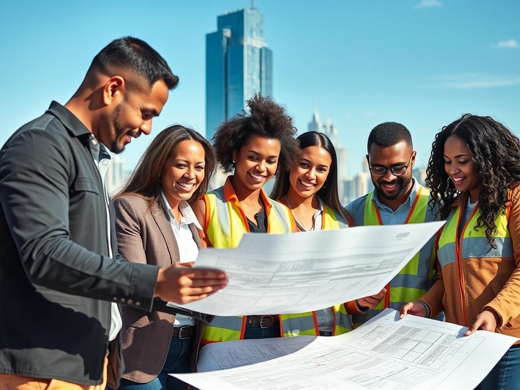 A hyper-realistic close-up shot of a diverse team of professionals collaborating on a construction project, showcasing plans and blueprints in a vibrant outdoor setting. The background features a modern skyline under a clear blue sky, emphasizing growth and development. The image should be shot with a 45mm f/1.2 lens, focusing on the expressions of teamwork and determination.