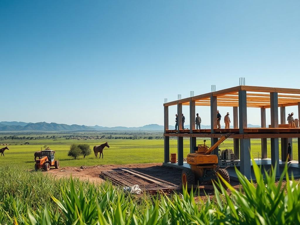A hyper-realistic close-up shot of a vibrant green landscape in Africa, showcasing a construction site with workers actively building a modern structure. The background features distant hills under a clear blue sky, highlighting the connection between development and nature. The focus should be on the workers and the machinery, with a shallow depth of field that emphasizes the activity while maintaining a lush green foreground.