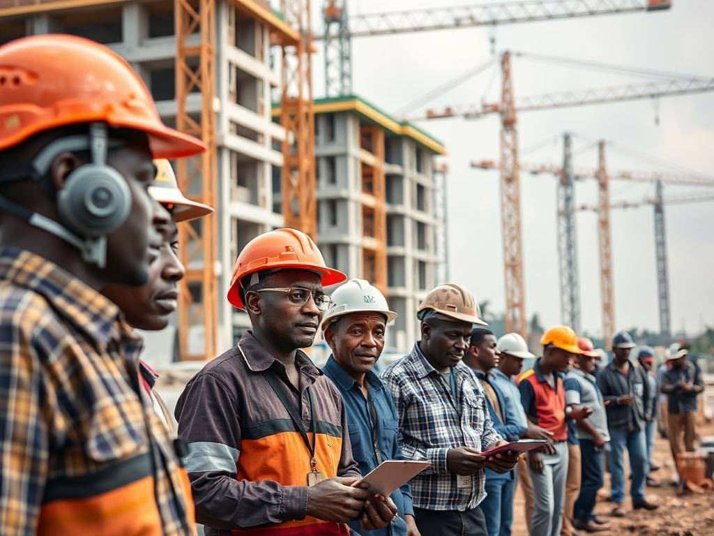 A close-up shot of a thriving construction site in Africa, showcasing modern equipment and engaged workers in action. The focus is on a diverse group of people collaborating, with cranes and buildings under construction in the background. The scene captures the essence of innovation and development, under natural lighting, emphasizing an atmosphere of progress and teamwork.