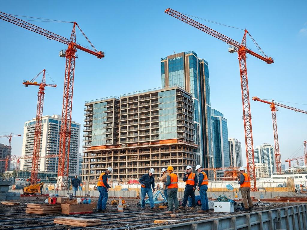 A close up shot of a bustling construction site showcasing