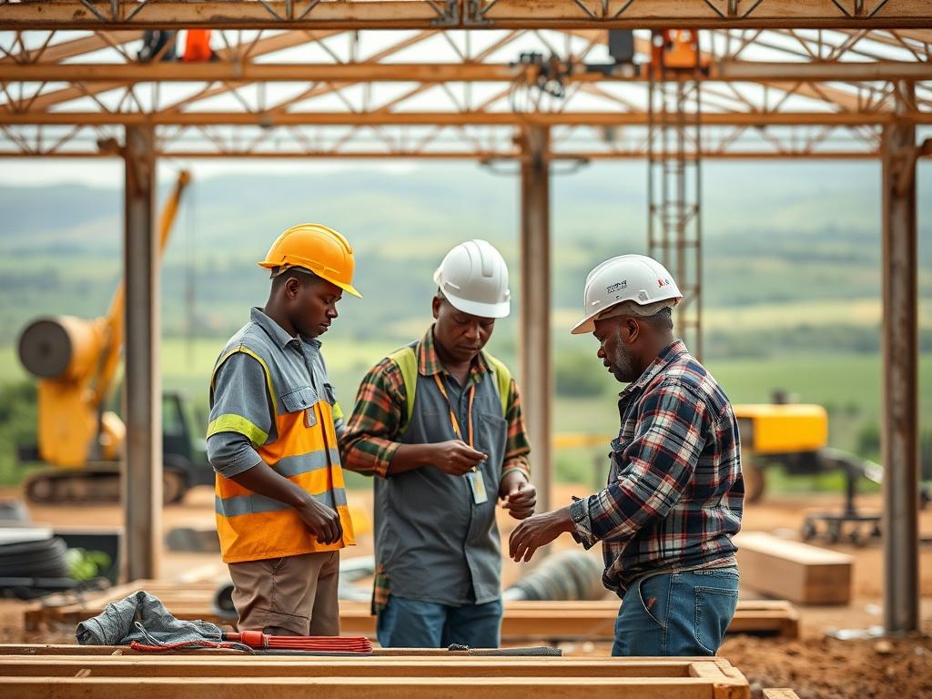 A close-up shot of a sustainable construction site in Africa, featuring workers collaborating on a modern building project. The background showcases green landscapes and advanced machinery. The image captures the essence of innovation and growth in industrial development, highlighting the dedication and craftsmanship of the workforce. The shot is taken with a 45mm f/1.2 lens, ensuring a hyper-realistic quality and rich detail.