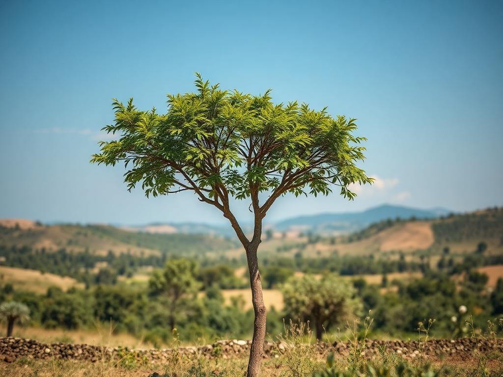 Create a highly realistic, high-resolution photo that captures the essence of sustainable development in Africa under the theme "Transforming African Landscapes through Sustainable Development." The composition should be simple and clear, with a single, striking subject prominently featured in the foreground. 

The subject should depict a vibrant green tree, symbolizing strength and sustainability, set against a picturesque African landscape. The tree should display lush foliage, indicating health and vital