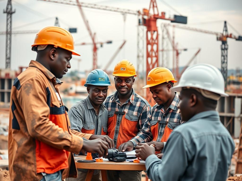 A hyper-realistic close-up photograph showcasing a thriving construction site in Africa. The image should capture workers collaborating on a building project, with cranes and construction materials in the background. The scene should be vibrant and lively, reflecting teamwork and progress. Shot with a 45mm f/1.2 lens, the focus should be sharp on the workers, while the background is slightly blurred, emphasizing the action and energy of the site.
