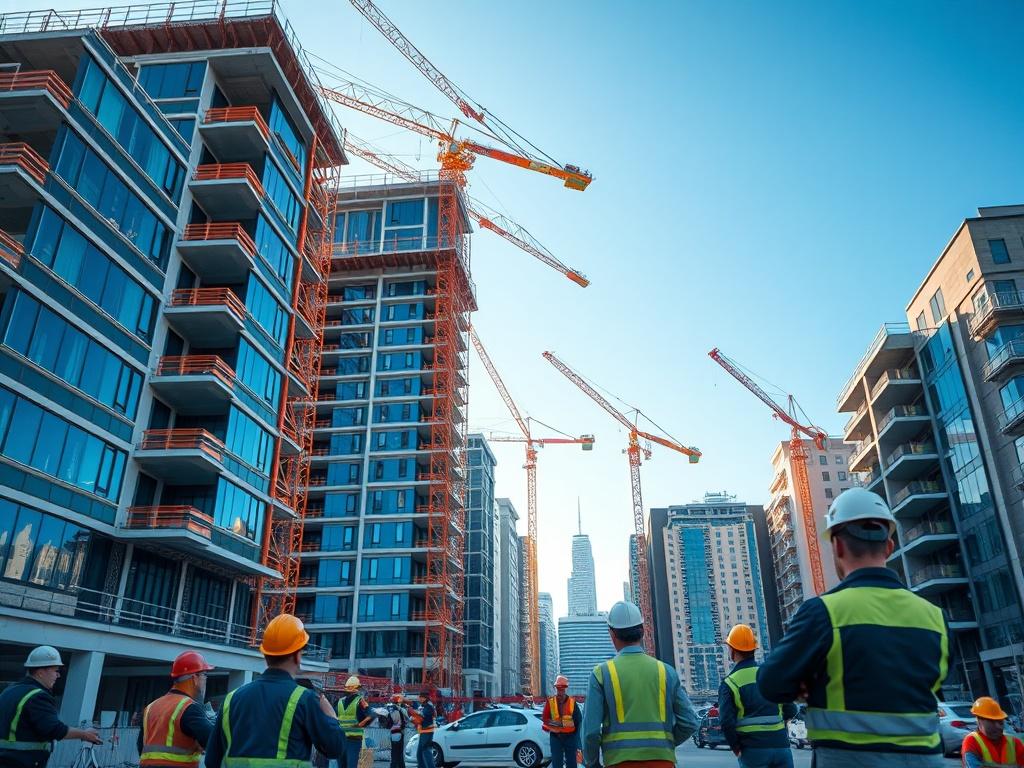 A realistic high-resolution photo of a thriving construction site in a vibrant city, showcasing cranes, workers in hard hats, and modern buildings under construction. The focus is on the dynamic activity and collaboration, with a clear blue sky in the background. The lighting should emphasize the energy and progress of the site, capturing a moment of achievement and growth. The image should be shot with a 45mm f/1.2 lens style.