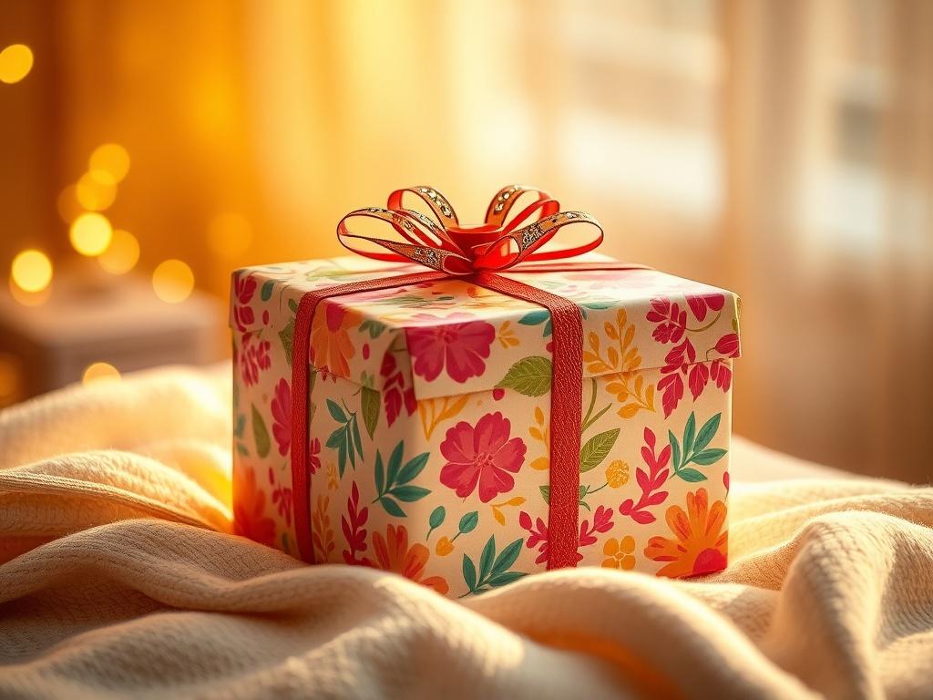 A vibrant and decorative gift wrapping featuring colorful paper, ribbons,