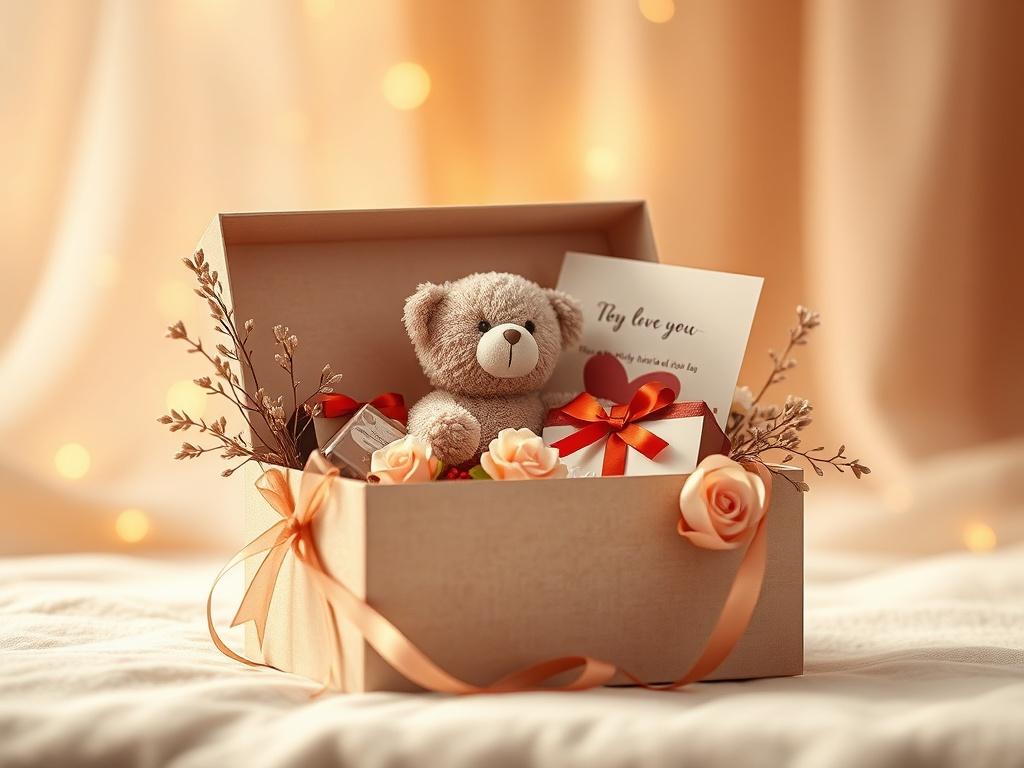 A beautifully designed gift box filled with assorted items like
