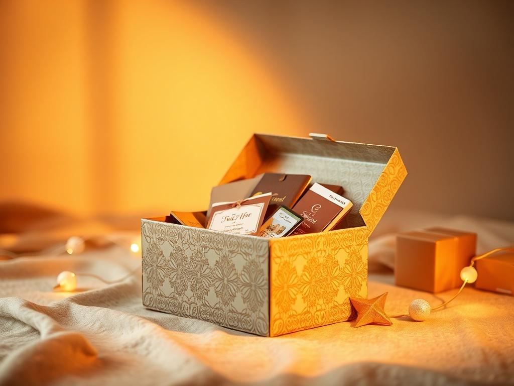A cozy and serene high-resolution photo of a beautifully designed custom gift box with intricate patterns, surrounded by soft lighting and warm golden hues. The box should be open to reveal colorful, thoughtful items inside, set against a simple, elegant background that enhances its charm.