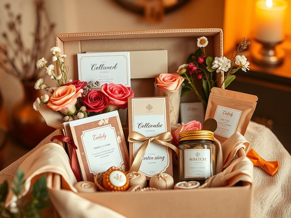 A beautifully arranged high-resolution photo of a special occasion gift set featuring customized items, flowers, and sweets, all presented in a stylish box. The image should have a warm, inviting atmosphere with soft lighting and golden hues.