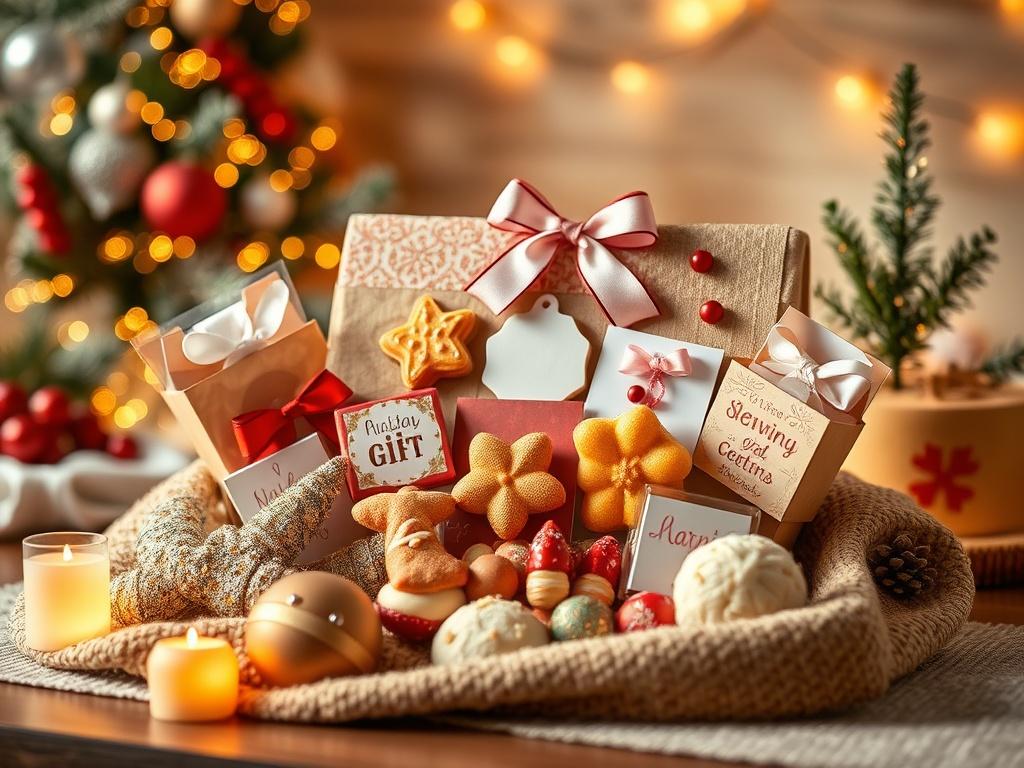 A charming high-resolution photo of a festive gift pack beautifully arranged with colorful sweets and decorative items, radiating joy and warmth. The setting should be cozy, with soft lighting and golden hues, highlighting the festive spirit.