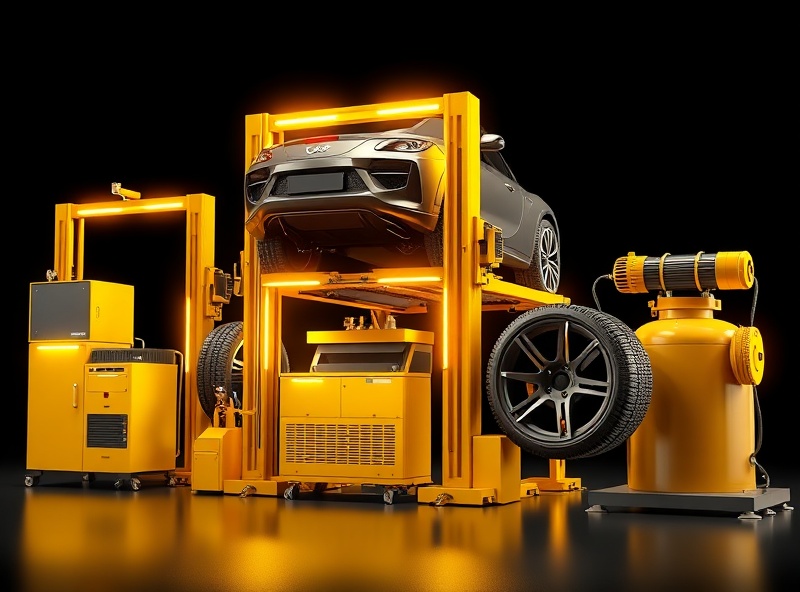 3D animated professional automotive shop equipment with black background and bright yellow highlights