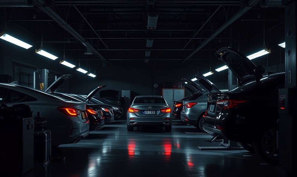 Dark professional automotive shop with modern equipment and dramatic lighting