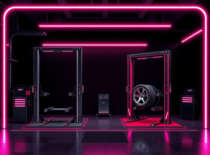 Professional automotive shop equipment with hot pink and silver neon accents on jet black background