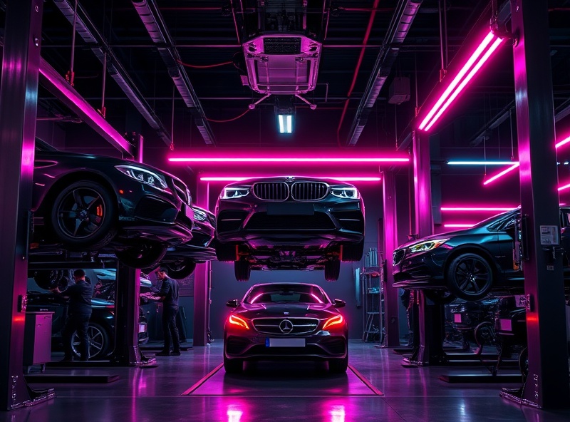 Professional automotive installation services with hot pink and silver neon accents on jet black background