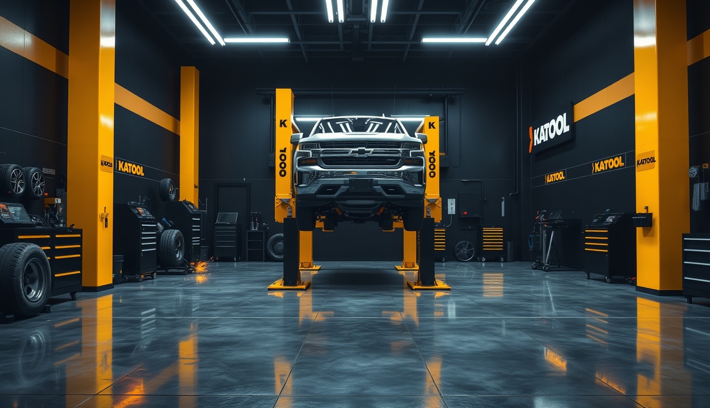 KATOOL premium auto repair garage with silver truck on yellow lift, professional equipment, dramatic cinematic lighting
