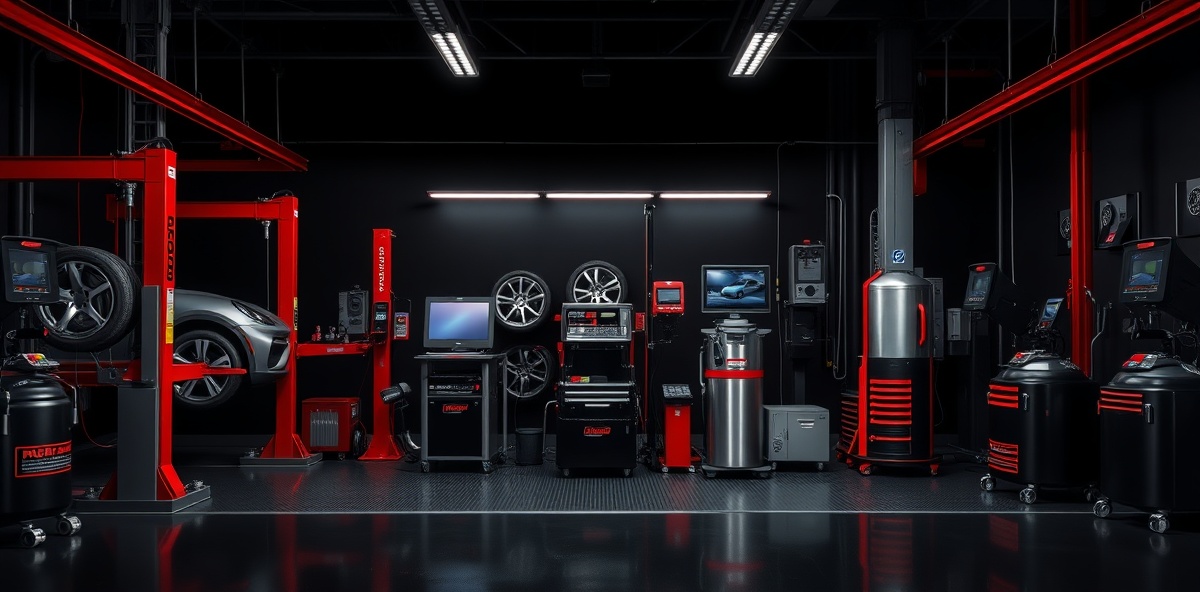 Professional automotive shop equipment and tools with blood red accents on black background
