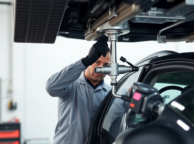 Professional automotive technician installing equipment with bright lighting and modern clean garage workspace