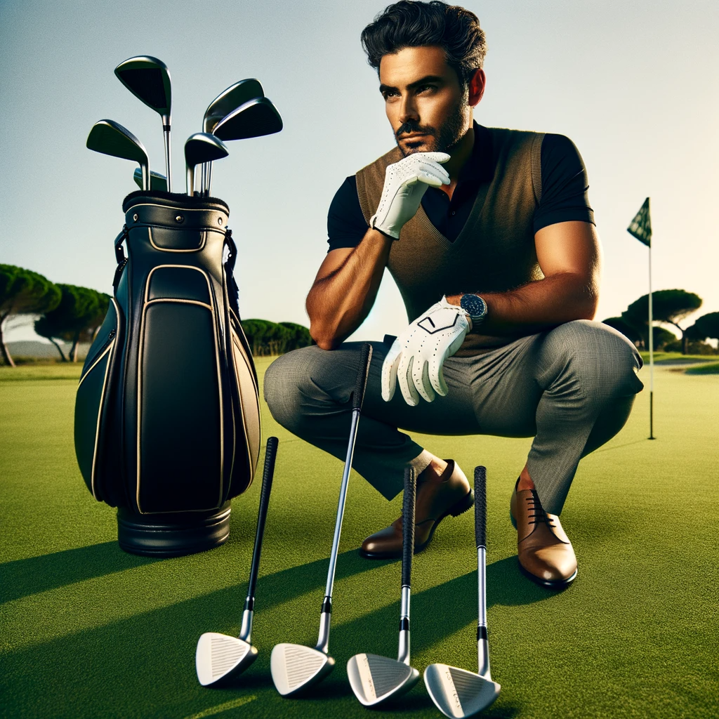 dall·e 2023-11-06 06.15.10 - a confident golfer of middle-eastern descent, male, kneels on a lush green fairway next to a set of exactly four golf wedges, each showing a different.png